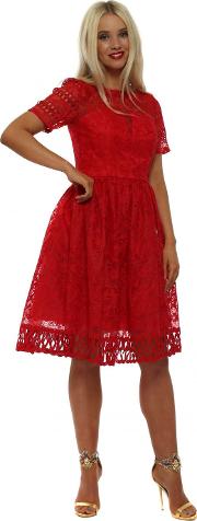 Lilith Red Crochet Skater Dress 