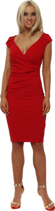 Red V Neck Pleated Midi Dress 