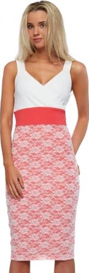Madison Coral Pink White Bodycon Midi Dress 
