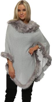 Grey Faux Fur Fine Wool Polo Poncho 