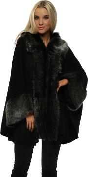Luxurious Black With Grey Faux Fur Cape Coat 