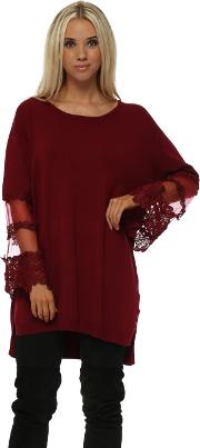 Burgundy Tulle Lace Tiered Sleeve Tunic Jumper 