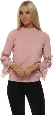 Dusky Pink Tulle Lace Tiered Sleeve Classic Jumper 
