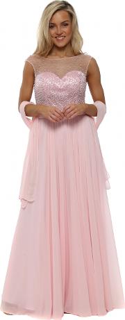 Baby Pink Pearl Diamante Chiffon Evening Dress 
