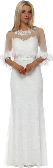 White Lace Maxi Dress With Lace Cape 