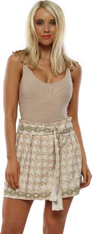Bronze Houndstooth Tie Belt Mini Skirt 
