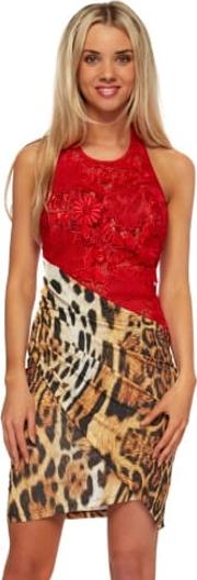 Leopard Print Mini Dress With Red Lace Halterneck Bodice 