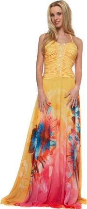 Pleated Bodice Printed Yellow Silk Chiffon Evening Dress 