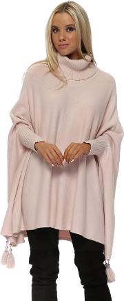 Baby Pink Knitted Tassel Pearl Polo Poncho Jumper 