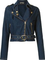 Belted Denim Jacket Women Cottonelastodienepolyester G, Blue