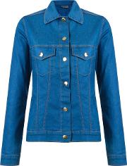 Classic Polo Collar Denim Jacket Women Cottonpolyesterspandexelastane Pp, Blue