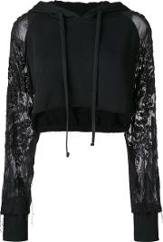 Cropped Hoodie With Embroidered Sheer Sleeves 