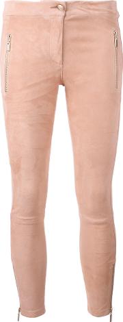 Zipped Legs Cropped Trousers Women Cottonspandexelastanelamb Nubuck Leather 36, Women's, Pinkpurple