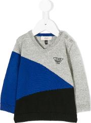 Armani Junior Colour Block Knitted Jumper Kids Cottonwool 9 Mth, Blue 