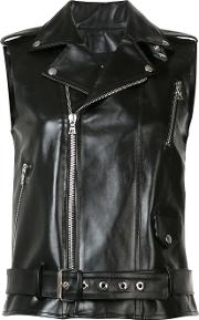 Sleeveless Biker Jacket Women Cottoncalf Leather 36, Black