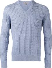Textured V Neck Sweater Men Silkcotton 52, Blue