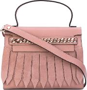 Chain Trim Fringed Front Tote Women Calf Leathersatincalf Suede One Size, Pinkpurple