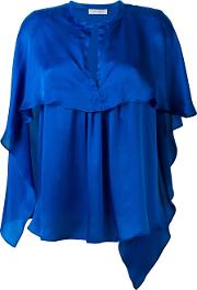 Ruffled Blouse Women Silk 38, Blue