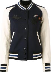 Patch Embellished Varsity Jacket Women Woolnylonviscoseleather 4, Blue