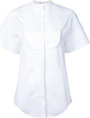 Short Sleeve Collarless Bib Shirt Women Cotton 40, White