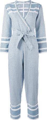 Belted Wrap Jumpsuit Women Cotton M, Blue