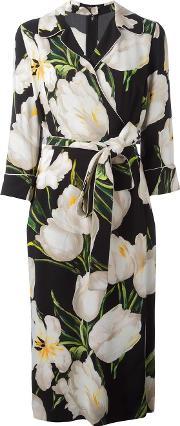 Tulip Print Wrap Dress Women Silkrayon 42, Women's, Black