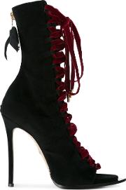Open Toe Lace Front Ankle Boots Women Cottonleather 39, Black