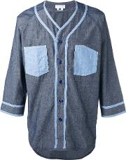 Chambray Baseball Shirt Men Cotton L, Blue