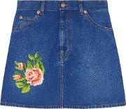 Embroidered Denim Mini Skirt Women Cotton 44, Blue