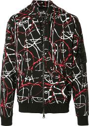 Abstract Motif Zipped Hoodie Men Cottonpolyester Xs, Black