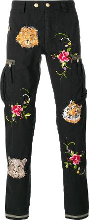 Floral Embroidery Trousers Men Cotton 50, Black