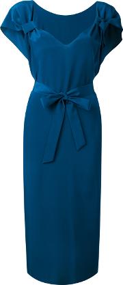 Tie Waist Midi Dress Women Silk 3, Blue