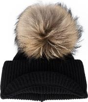 Ribbed Cashmere Hat With Visor And Fur Pom Pom Women Cashmerewoolraccoon Dog