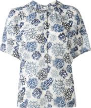 Floral Short Sleeve Shirt Women Silk M, Blue