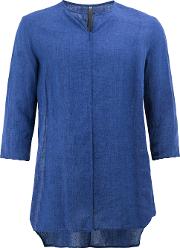 Collarless Cropped Sleeve Shirt Men Cottonlinenflax 3, Blue