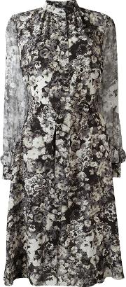 Flared Floral Print Dress Women Silk 42, Grey