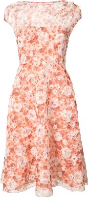 Short Sleeve Floral Midi Dress Women Silk Organza 10, Pinkpurple