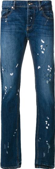 Les Hommes Urban Distressed Paint Splatter Jeans Men Cotton 36, Blue 