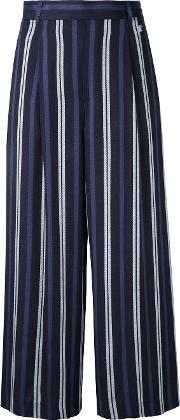 Striped Cropped Trousers Women Linenflaxrayon 34, Blue