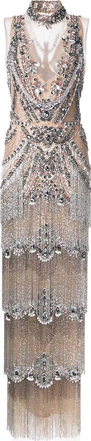 Embellished Column Fringe Gown Women Silknylonspandexelastane 6, Women's