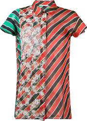 Stripe Floral Print Shirt Women Silkpolyester 40