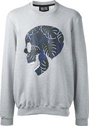 Skull Print Sweatshirt Men Cotton L, Grey