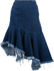 Marques'almeida Frayed Trim Pleated Denim Skirt Women Cotton 10, Blue 