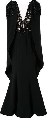 . V Neck Embellished Gown Women Silk 42, Women's, Black