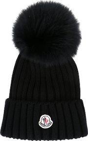Moncler Bobble Hat Women Fox Furvirgin Wool One Size, Blue 