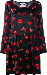Heart, Star And Lip Print Dress Women Silk 44, Black