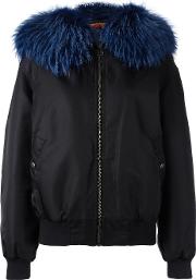 Fur Collar Bomber Jacket Women Polyamidepolyesterpolyurethaneracoon Fur S, Blue