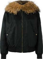 Fur Collar Bomber Jacket Women Polyamidepolyesterpolyurethaneracoon Fur Xs, Black
