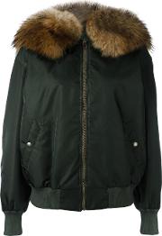 Fur Collar Bomber Jacket Women Polyamidepolyesterpolyurethaneracoon Fur Xs, Green