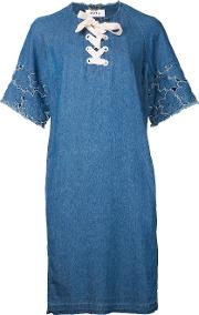Lace Front Shift Dress Women Cotton 38, Blue